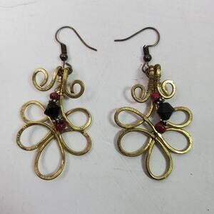 Vintage Handmade Earrings Gold Tone w/ Red Bead 2 Inch Drop
